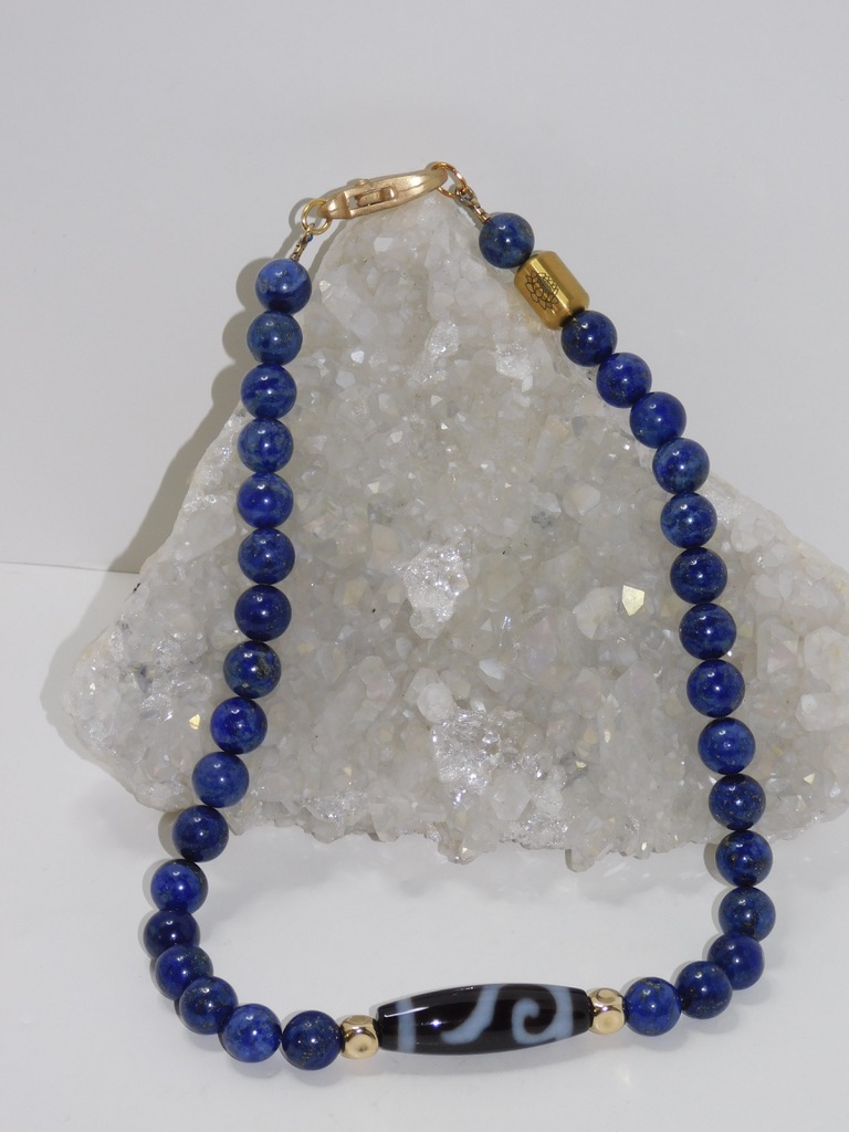 Tibetan Agate Ruyi Dzi Bead & Lapis Lazuli Men Necklace - Image 2