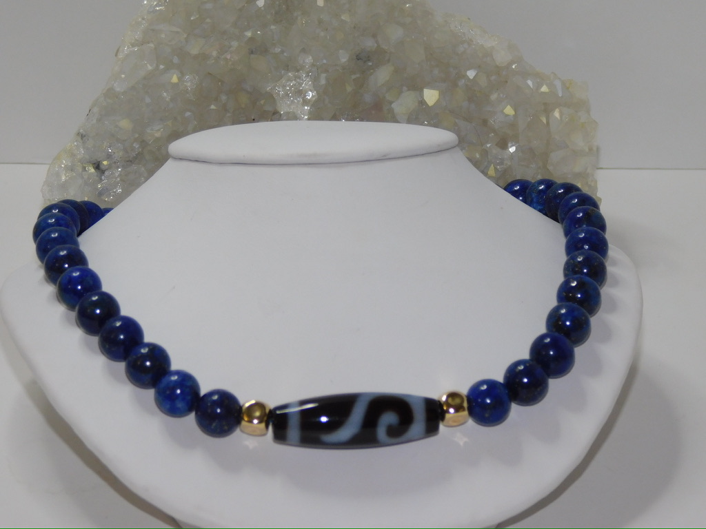 Tibetan Agate Ruyi Dzi Bead & Lapis Lazuli Men Necklace - Image 5