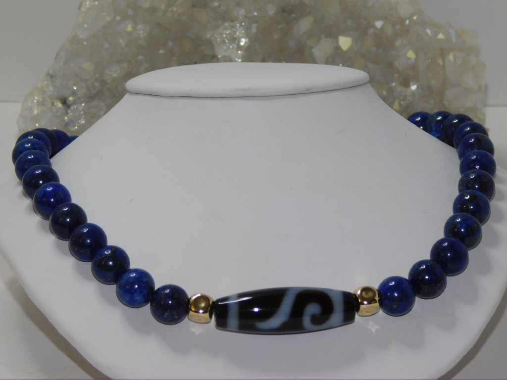Tibetan Agate Ruyi Dzi Bead & Lapis Lazuli Men Necklace