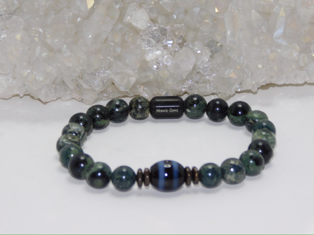 Tibetan Agate Two Stripe Dzi Bead & African Kambaba Jasper Men Stretchy Bracelet - Image 4