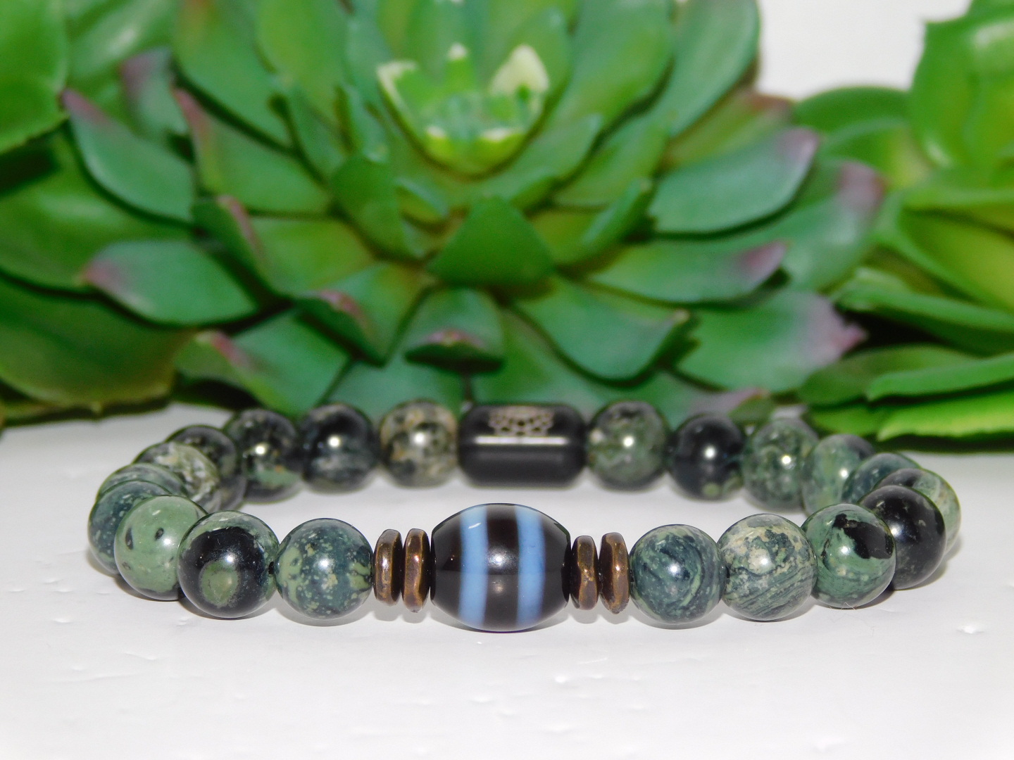 Tibetan Agate Two Stripe Dzi Bead & African Kambaba Jasper Men Stretchy Bracelet - Image 3