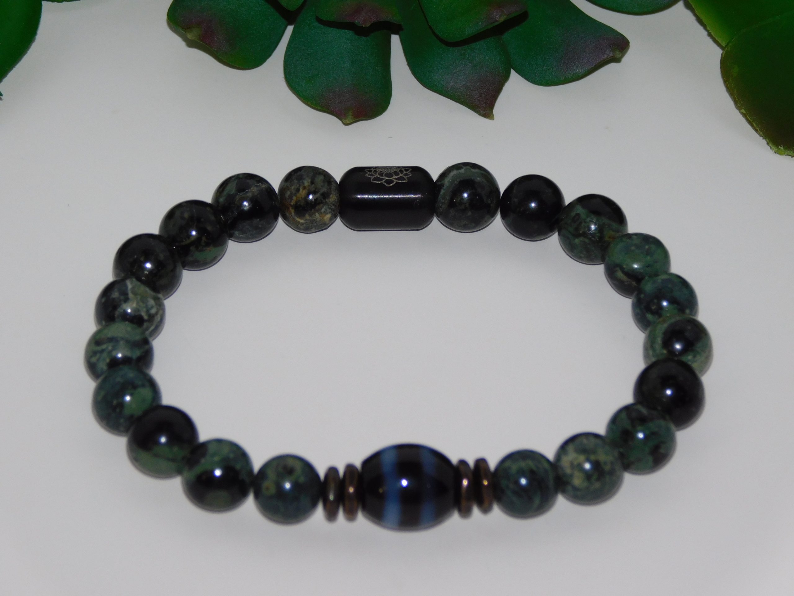 Tibetan Agate Two Stripe Dzi Bead & African Kambaba Jasper Men Stretchy Bracelet - Image 2