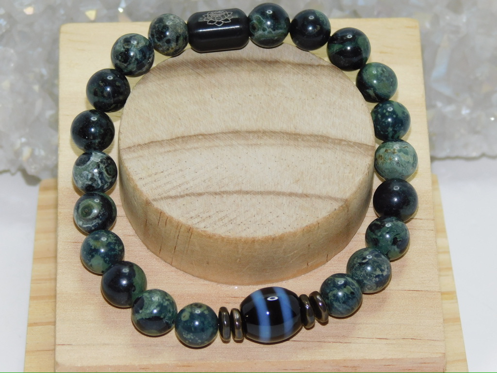 Tibetan Agate Two Stripe Dzi Bead & African Kambaba Jasper Men Stretchy Bracelet - Image 5