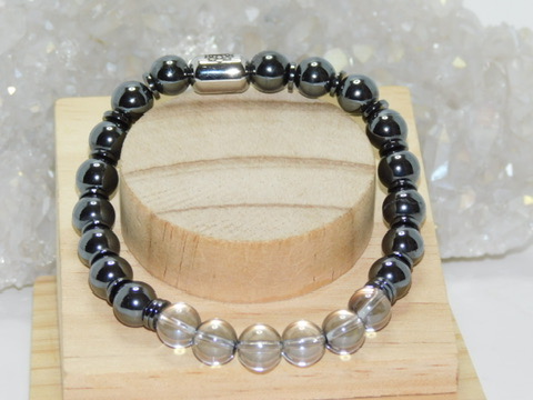 Quartz Grey Crystal & Hematite Men Stretchy Bracelet - Image 2
