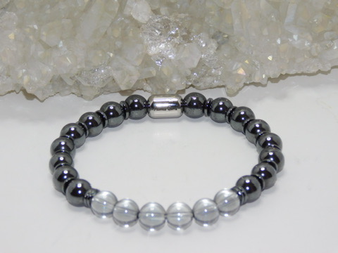 Quartz Grey Crystal & Hematite Men Stretchy Bracelet - Image 4