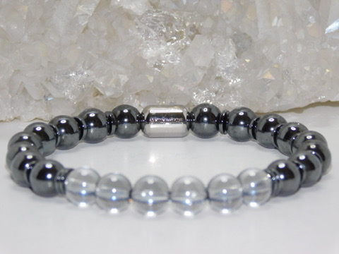 Quartz Grey Crystal & Hematite Men Stretchy Bracelet