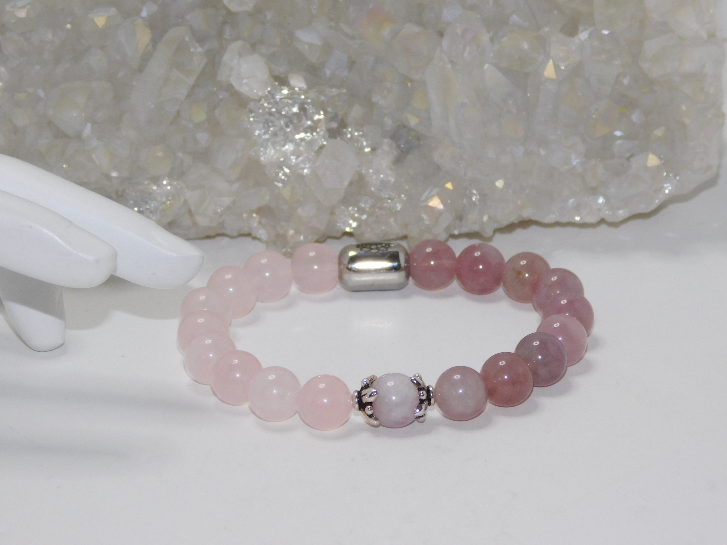 Rose Quartz Mauve & Pink with Kunzite Accent Bead Ladies Stretchy Bracelet - Image 2