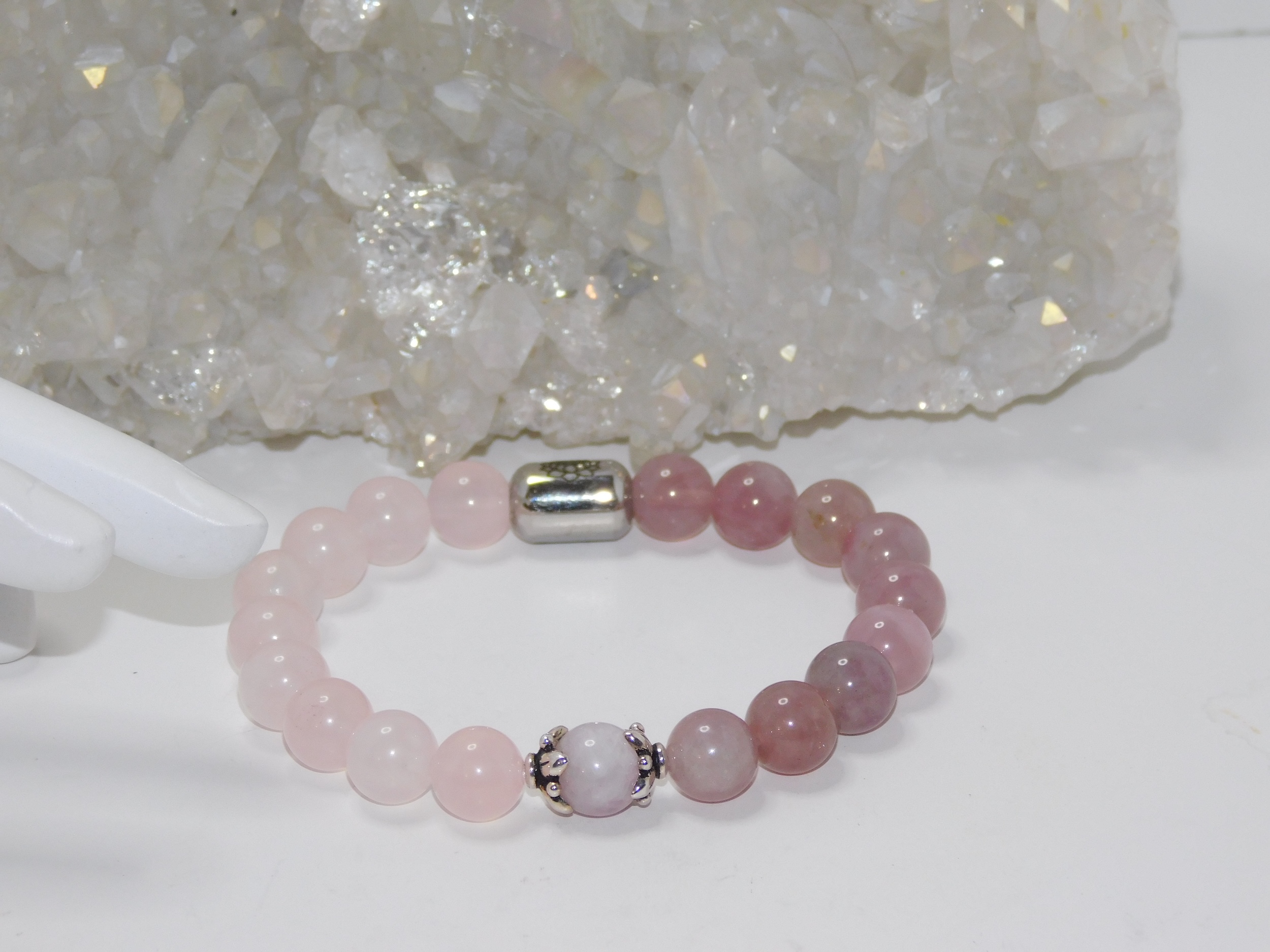 Rose Quartz Mauve & Pink with Kunzite Accent Bead Ladies Stretchy Bracelet - Image 3