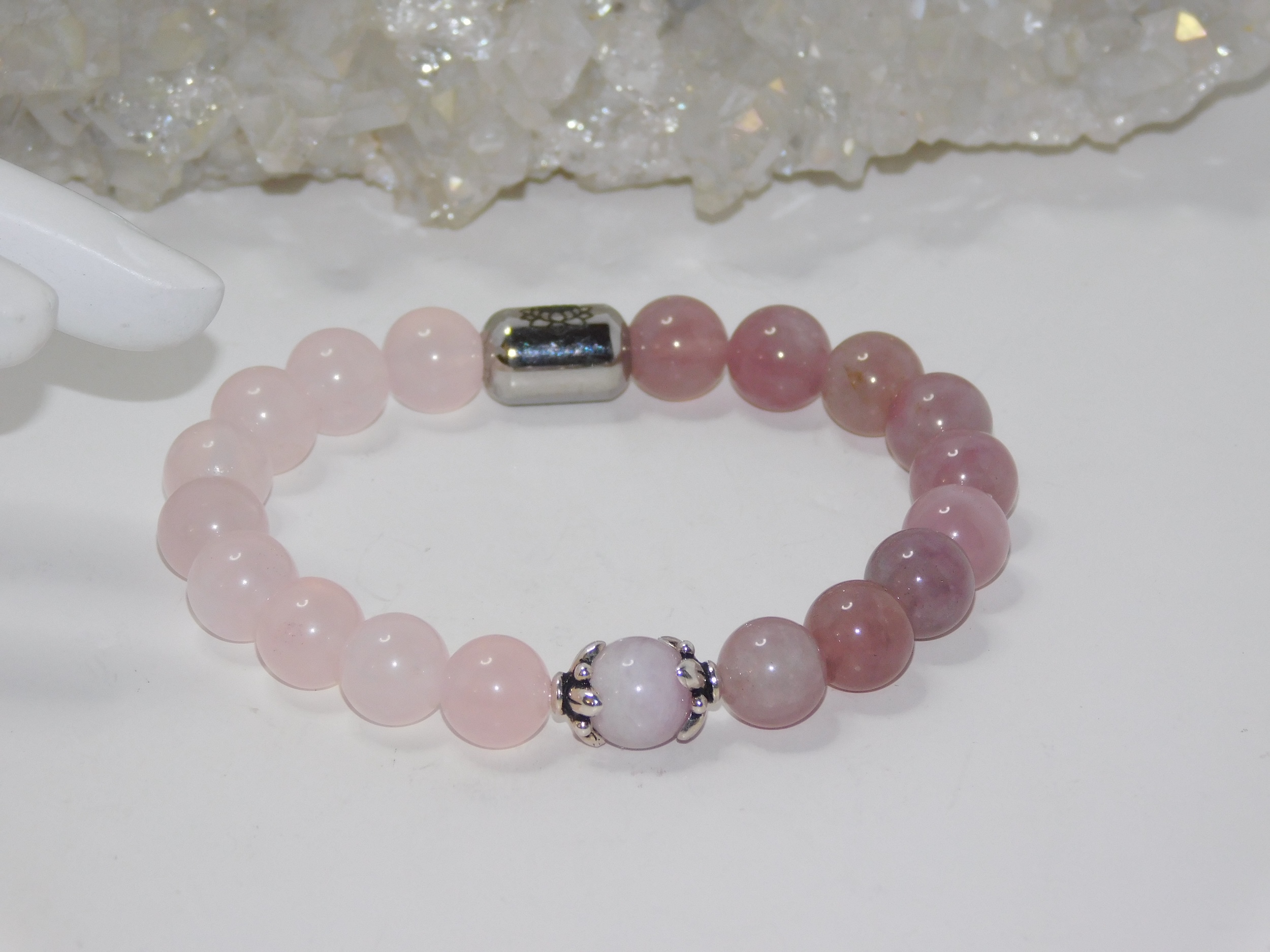 Rose Quartz Mauve & Pink with Kunzite Accent Bead Ladies Stretchy Bracelet - Image 5
