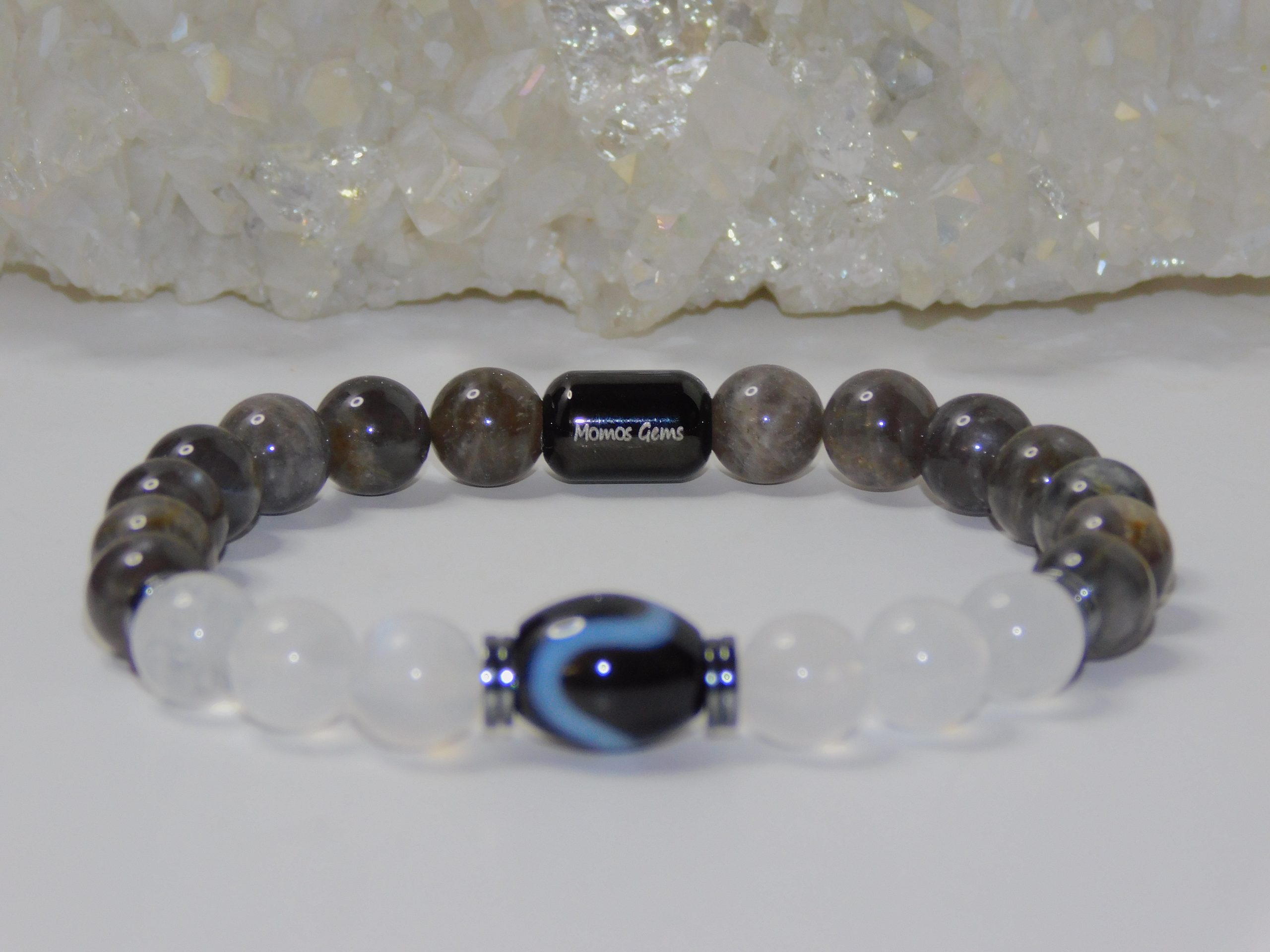 Tibetan Agate Snake Dzi Bead, Rainbow & Black Moonstones Unisex Stretchy Bracelet - Image 3