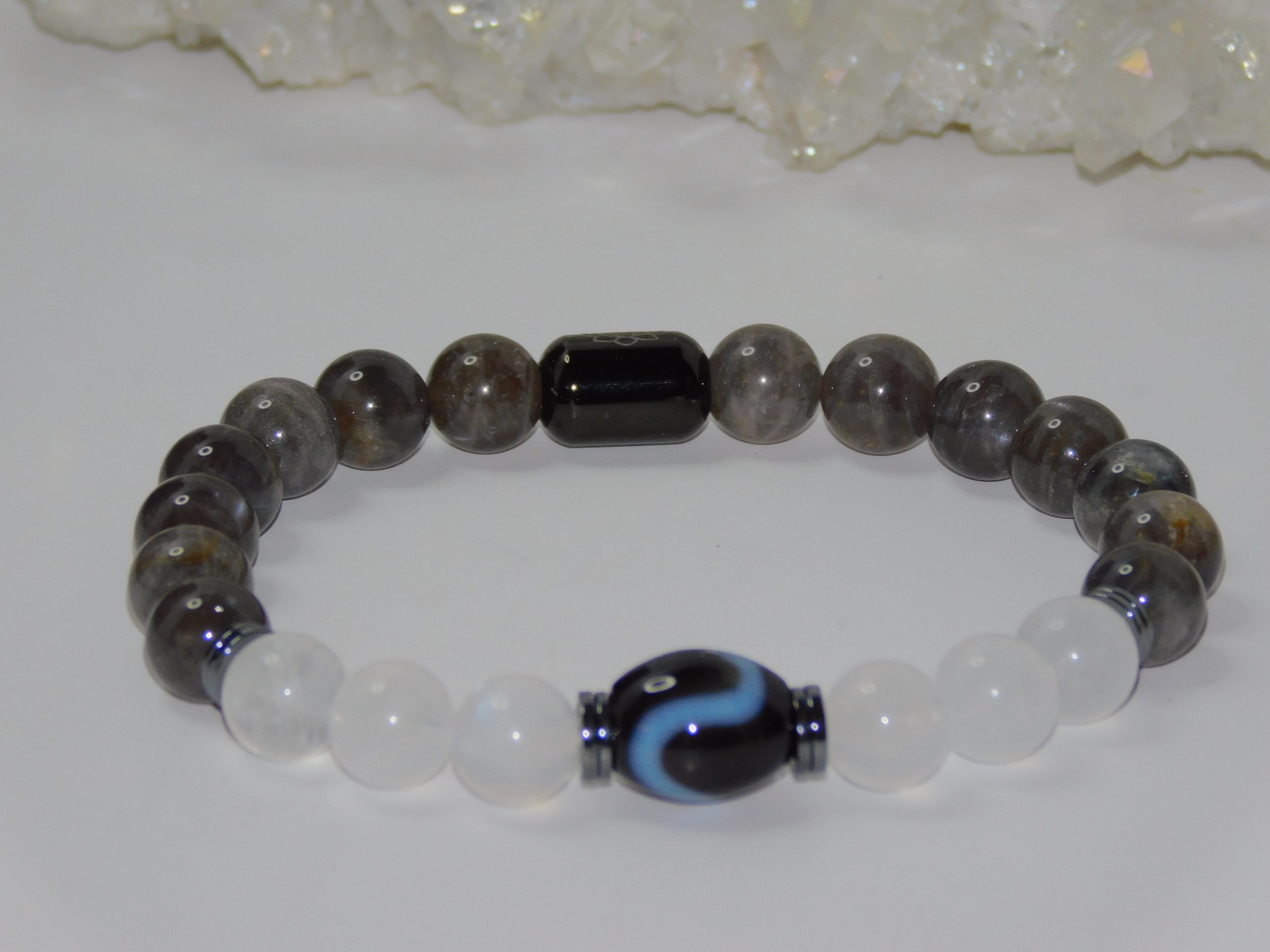 Tibetan Agate Snake Dzi Bead, Rainbow & Black Moonstones Unisex Stretchy Bracelet - Image 4
