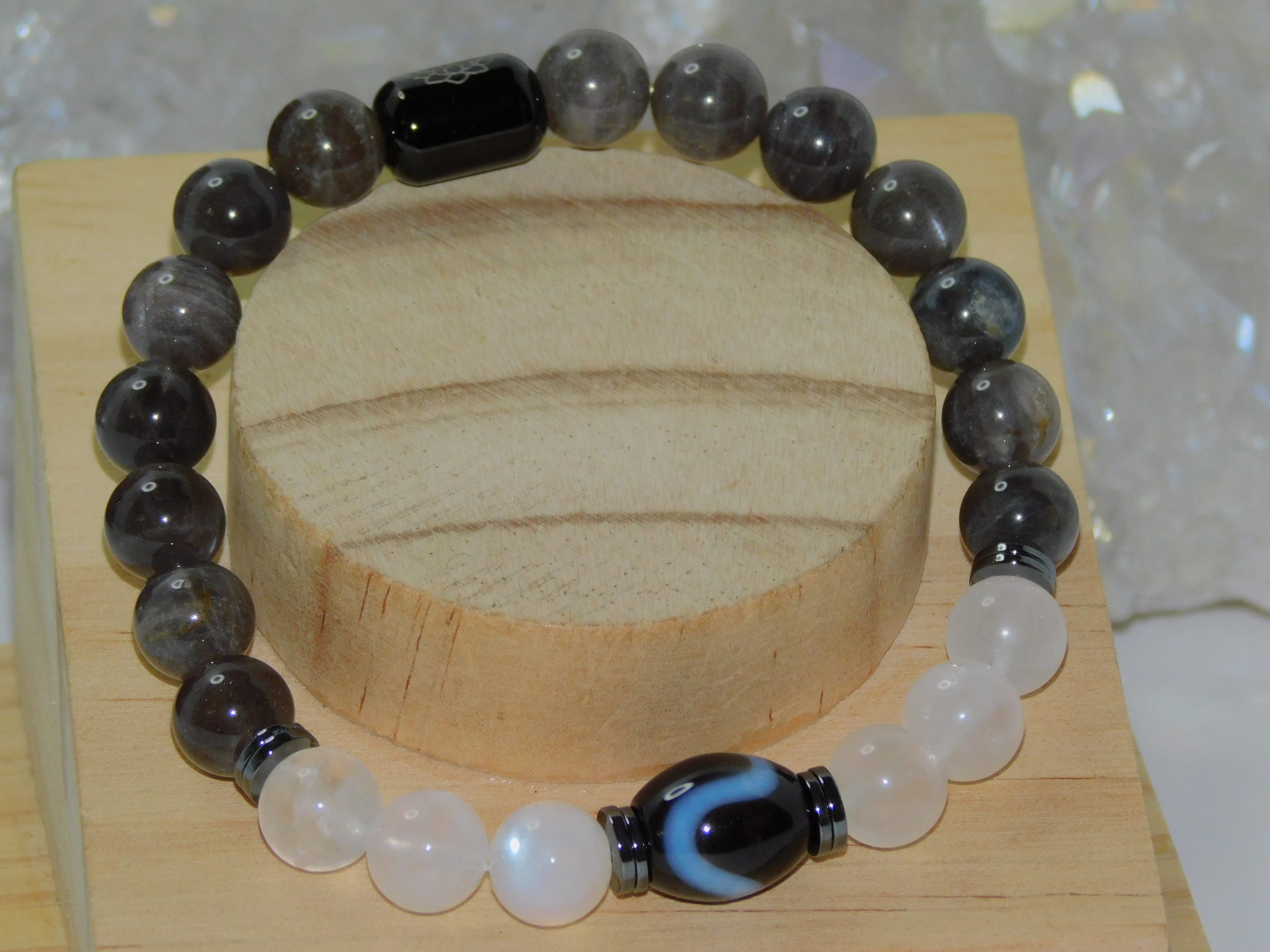 Tibetan Agate Snake Dzi Bead, Rainbow & Black Moonstones Unisex Stretchy Bracelet - Image 5