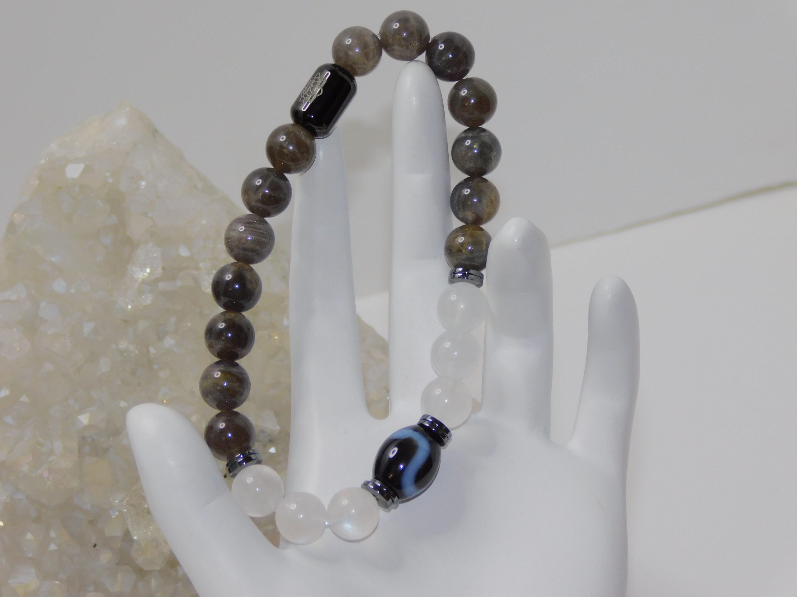 Tibetan Agate Snake Dzi Bead, Rainbow & Black Moonstones Unisex Stretchy Bracelet - Image 2