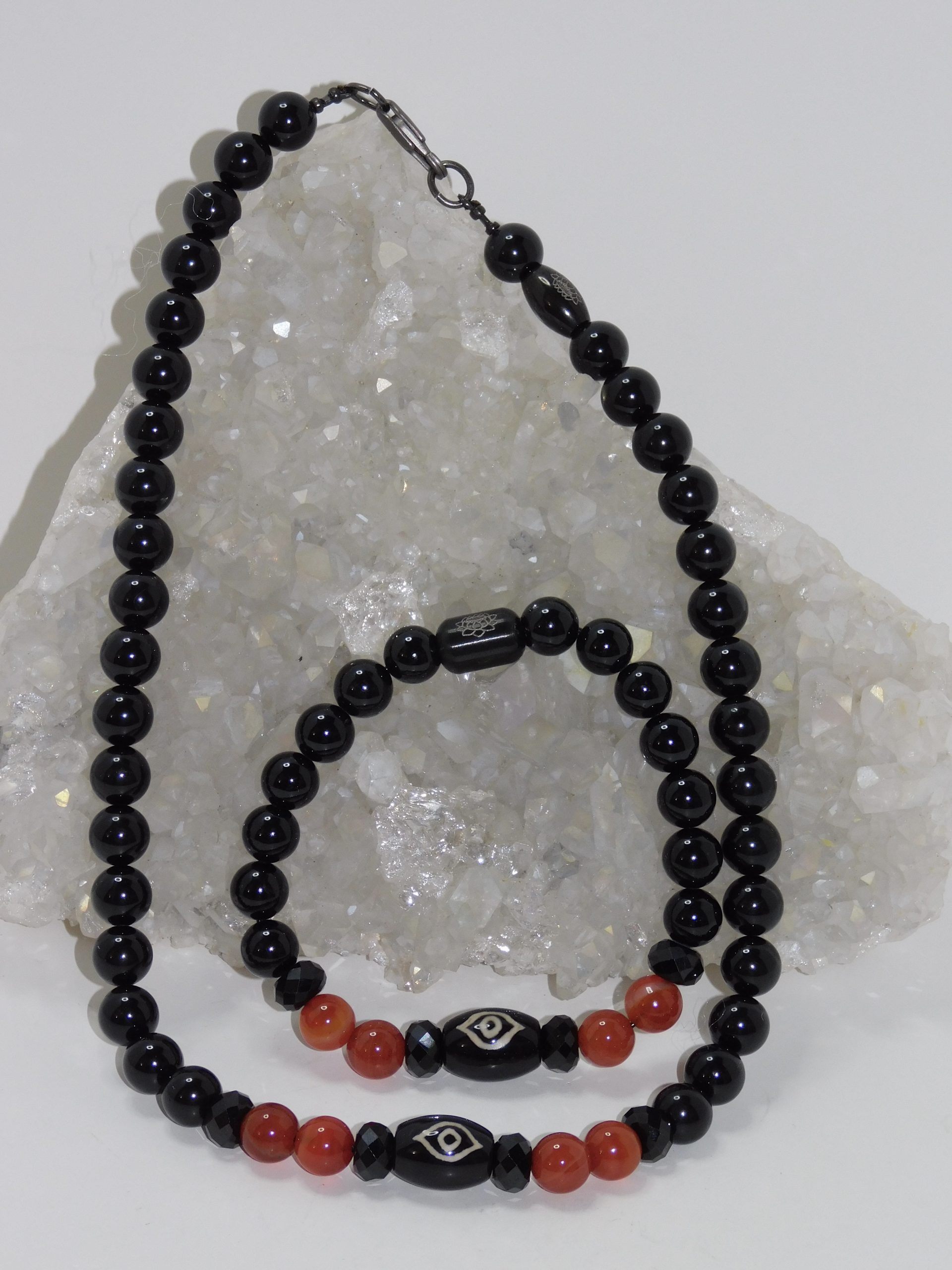 Tibetan Agate Phoenix Eye Dzi, Red Orange Agate & Black Tourmaline Ladies Necklace & Bracelet Set - Image 2