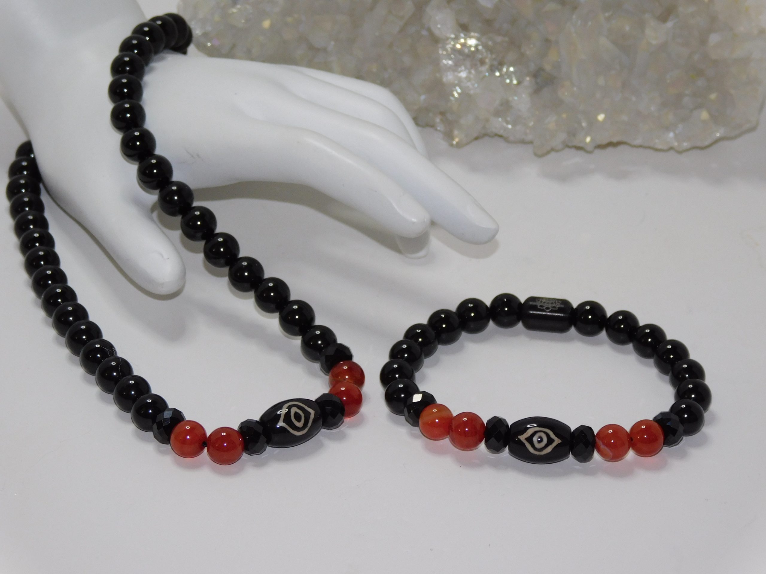 Tibetan Agate Phoenix Eye Dzi, Red Orange Agate & Black Tourmaline Ladies Necklace & Bracelet Set - Image 4