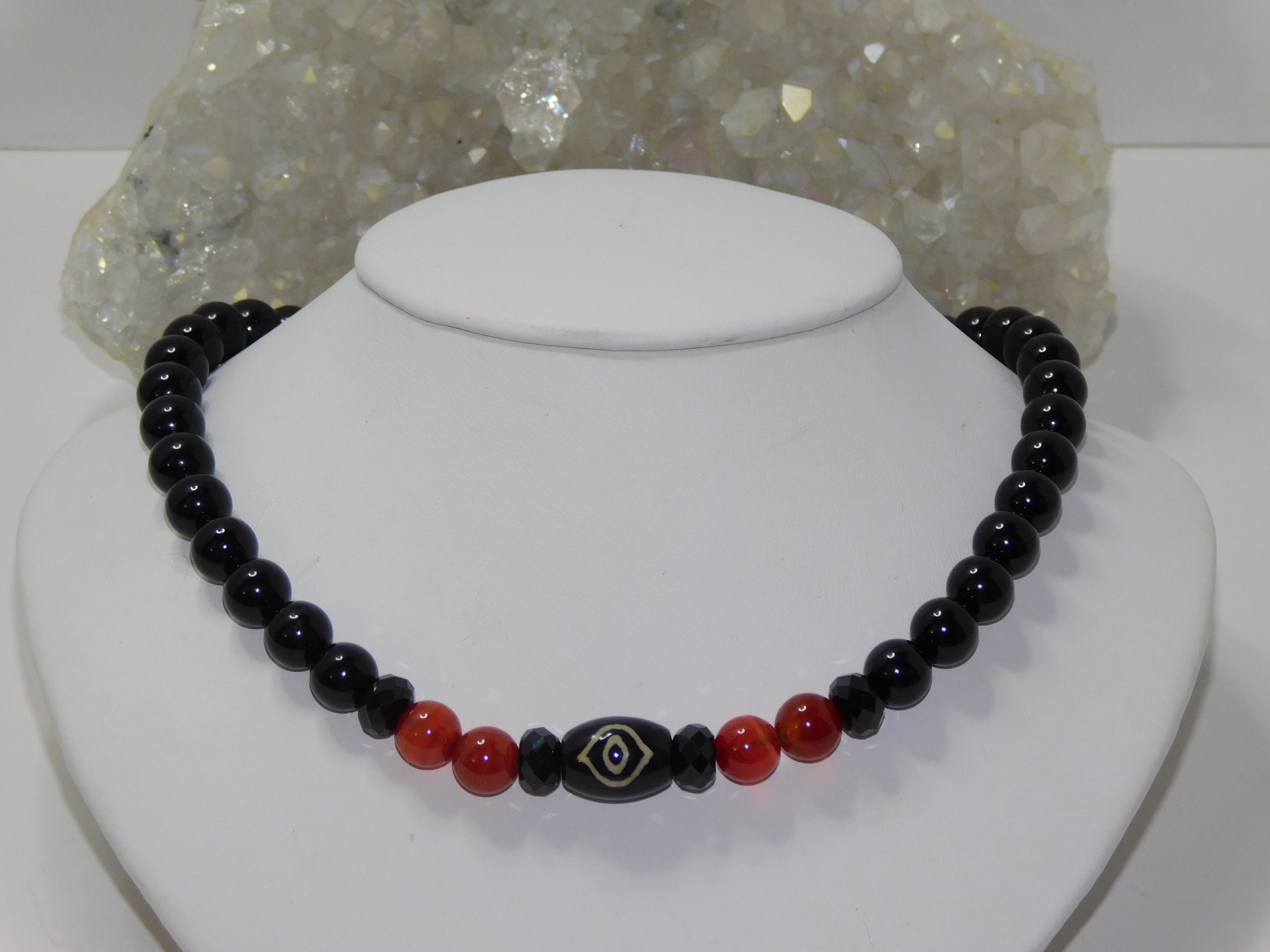 Tibetan Agate Phoenix Eye Dzi, Red Orange Agate & Black Tourmaline Ladies Necklace & Bracelet Set - Image 6