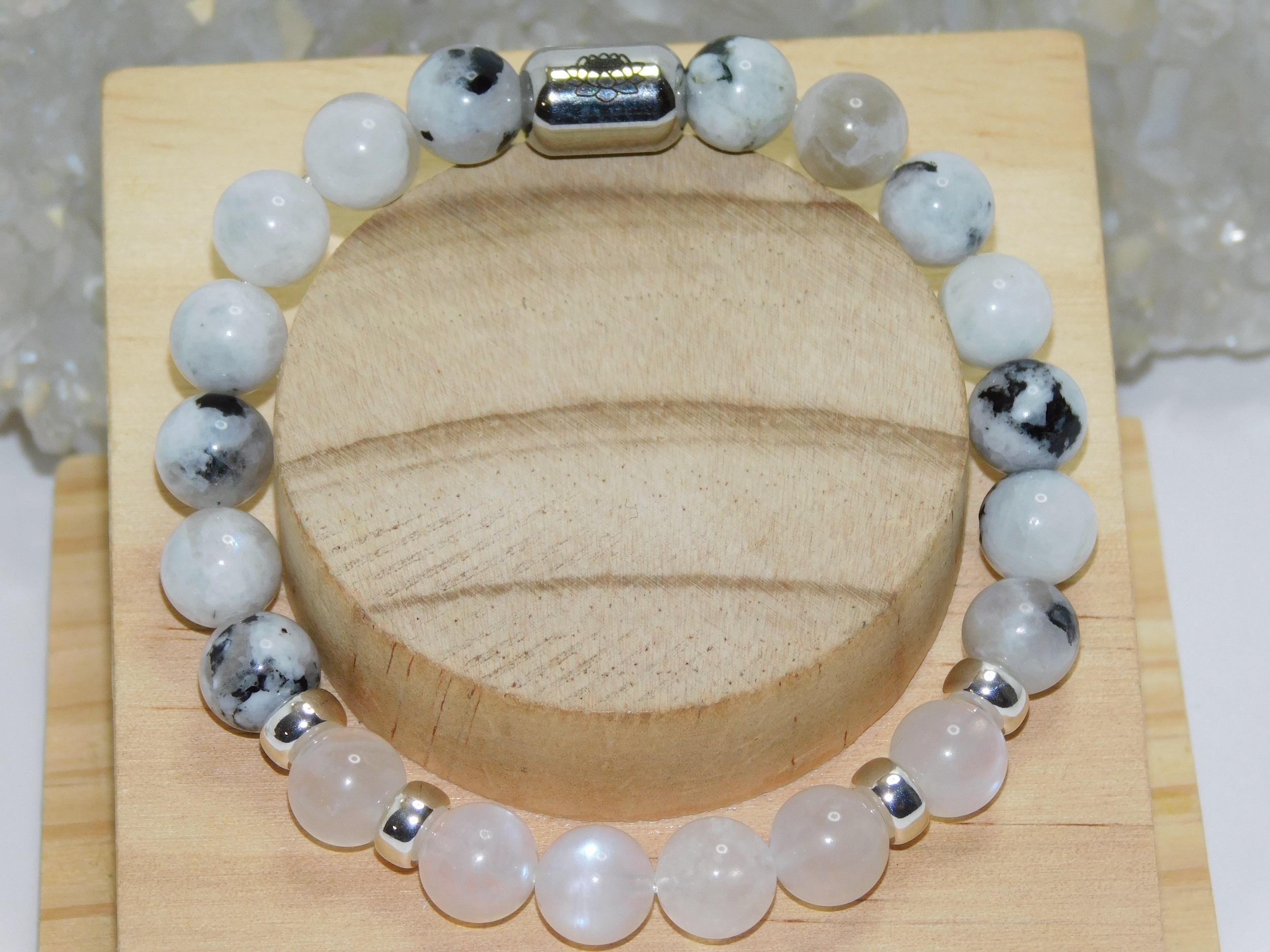 Moonstones Blue & Rainbow with Black Tourmaline Inclusion Unisex Stretchy Bracelet - Image 4