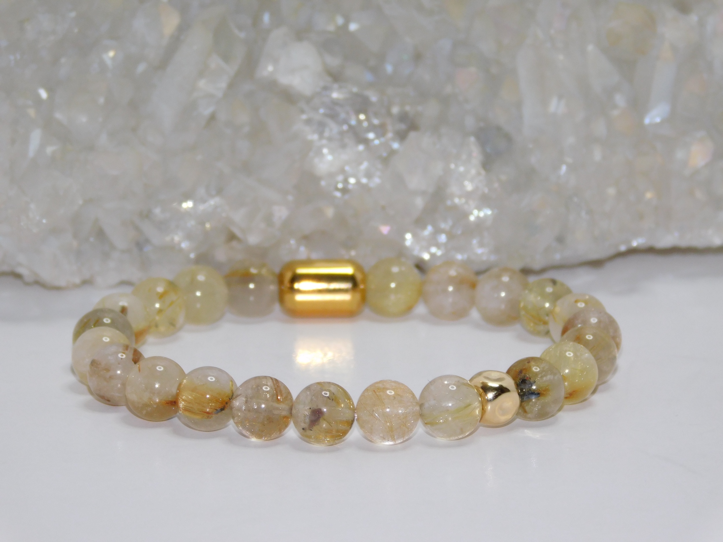 Rutilated Quartz Golden Men Stretchy Bracelet - Image 2