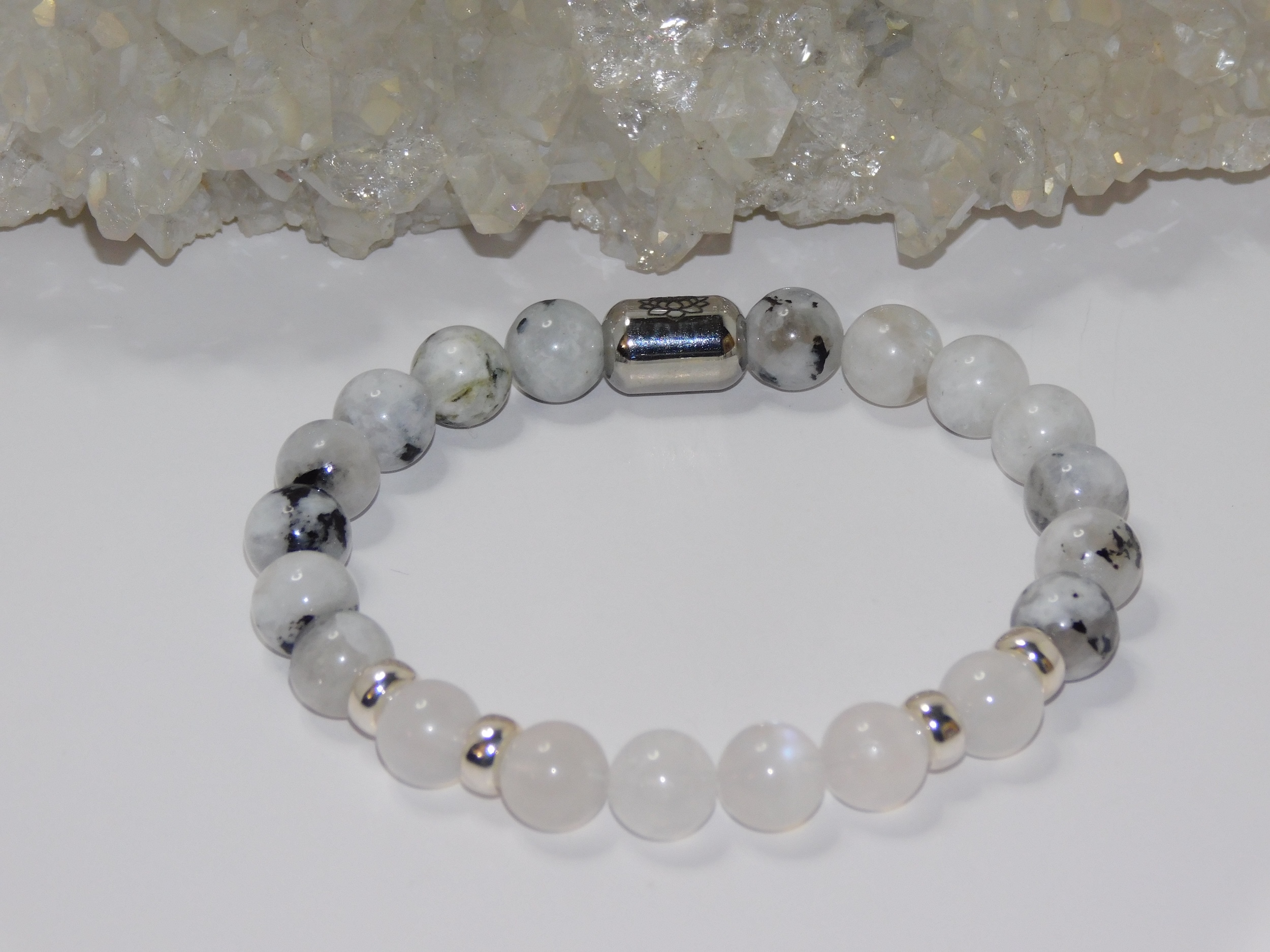 Moonstones Blue & Rainbow with Black Tourmaline Inclusion Unisex Stretchy Bracelet