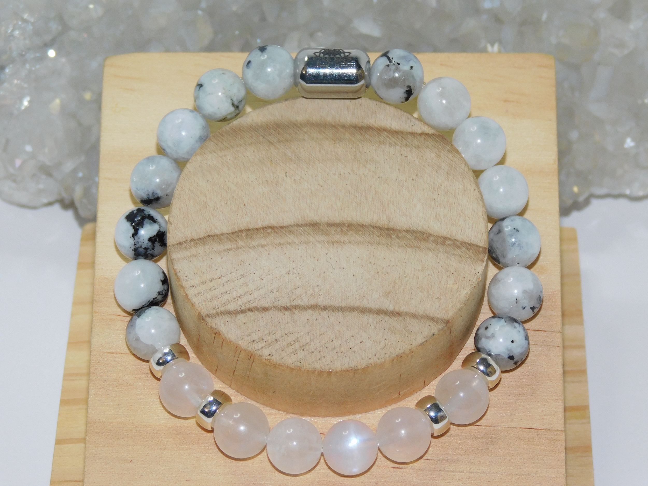 Moonstones Blue & Rainbow with Black Tourmaline Inclusion Unisex Stretchy Bracelet - Image 3