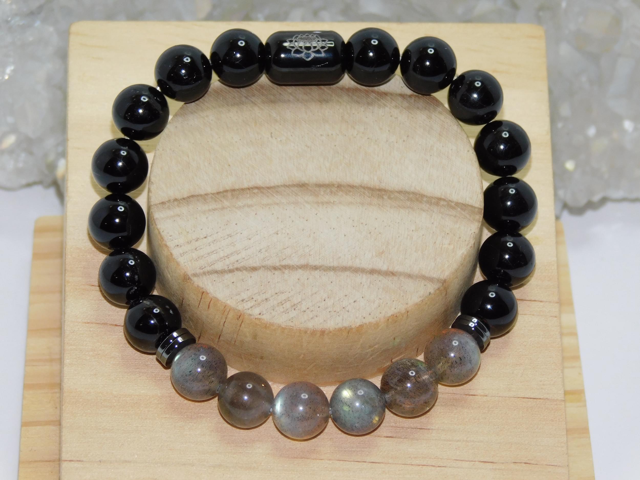 Labradorite Iridescent & Black Tourmaline Men Stretchy Bracelet